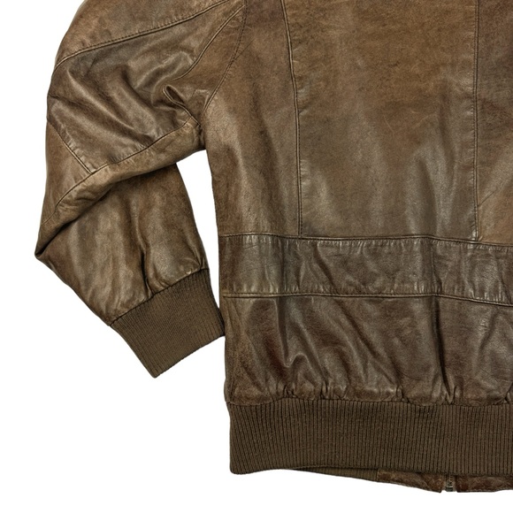 Paris Sport Club Sz Medium Brown Leather Bomber Jacket Front Pockets Fully Lined - Picture 11 of 16